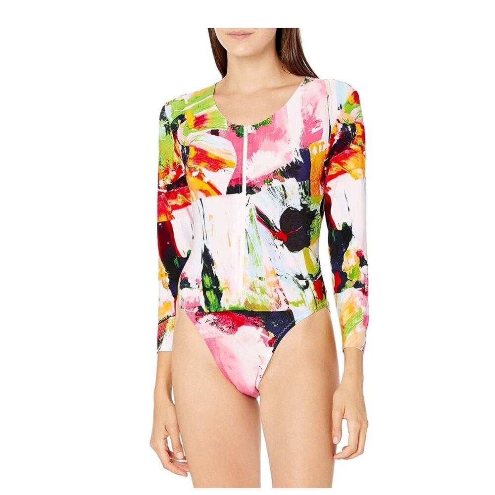 Norma Kamali Watermelon Splash Rashguard Bodysuit, Size S